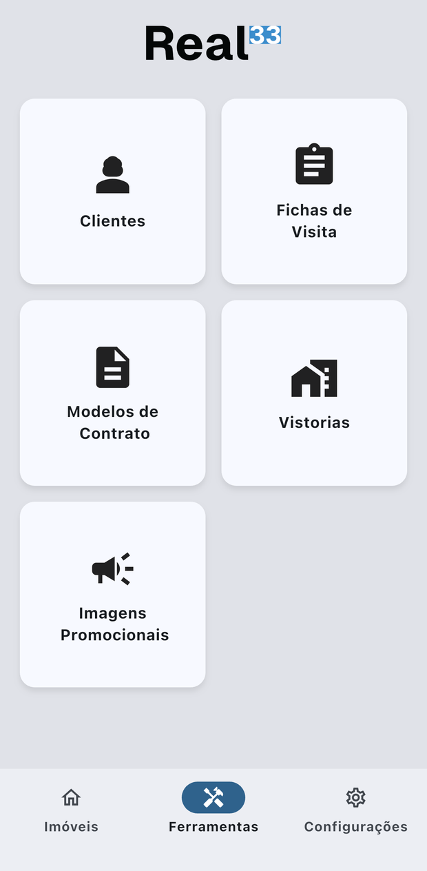 Tela Ferramentas do Real33: atalhos para Clientes, Ficha de Visita, Modelos de Contrato, Vistorias e Imagens Promocionais