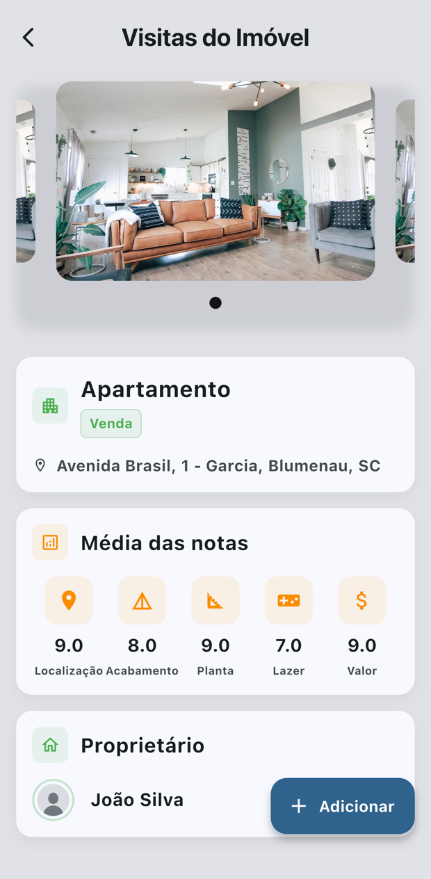 Tela Ficha de Visita do Real33: imóvel, cliente, data, avaliação do imóvel com notas em estrelas por critério, área de lazer, possibilidade de proposta e botão flutuante