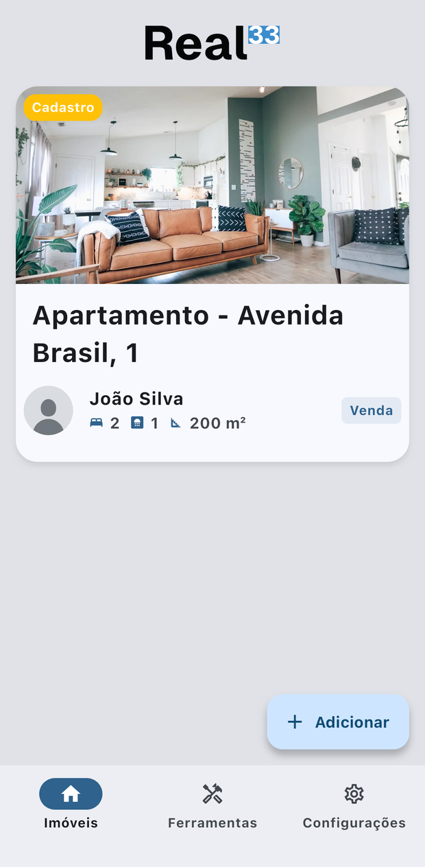 Tela Meus Imóveis do Real33, com cards de imóveis, preços e status