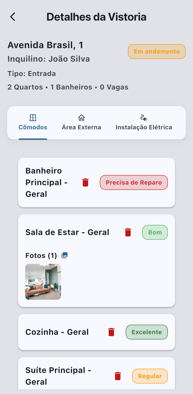 Lista de vistorias no Real33, com status em andamento e concluída
